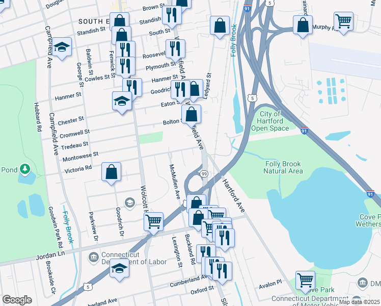 map of restaurants, bars, coffee shops, grocery stores, and more near 17 Victoria Road in Hartford