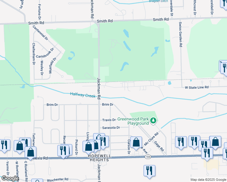 map of restaurants, bars, coffee shops, grocery stores, and more near 1561 Brooke Park Drive in Toledo