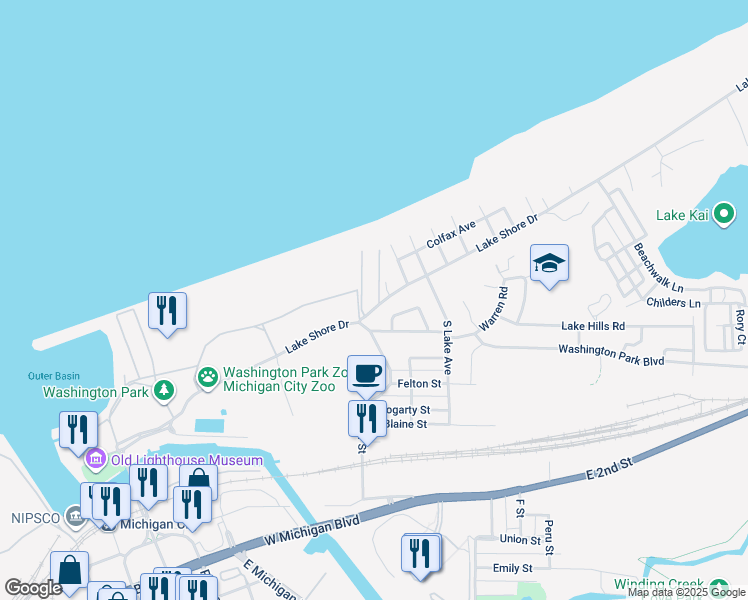 map of restaurants, bars, coffee shops, grocery stores, and more near 128 Prairie Avenue in Michigan City