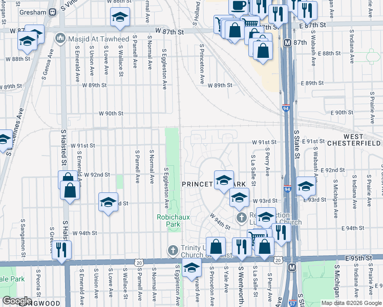 map of restaurants, bars, coffee shops, grocery stores, and more near 9100 South Stewart Avenue in Chicago