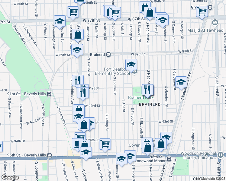 map of restaurants, bars, coffee shops, grocery stores, and more near 1411 West 91st Street in Chicago