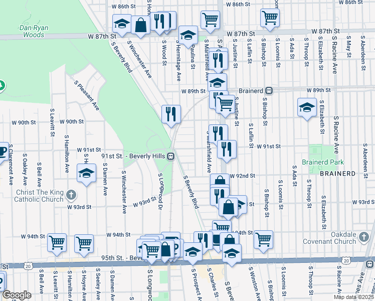 map of restaurants, bars, coffee shops, grocery stores, and more near 1716 West 91st Street in Chicago