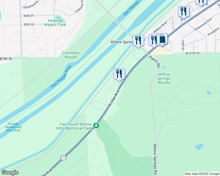 map of restaurants, bars, coffee shops, grocery stores, and more near 8900 Archer Avenue in Willow Springs