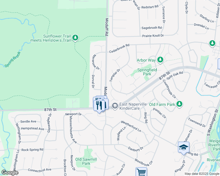 map of restaurants, bars, coffee shops, grocery stores, and more near 2039 Templar Drive in Naperville