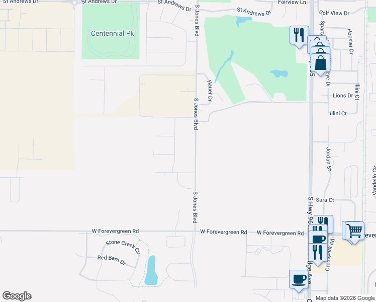 map of restaurants, bars, coffee shops, grocery stores, and more near 1367 South Jones Boulevard in North Liberty