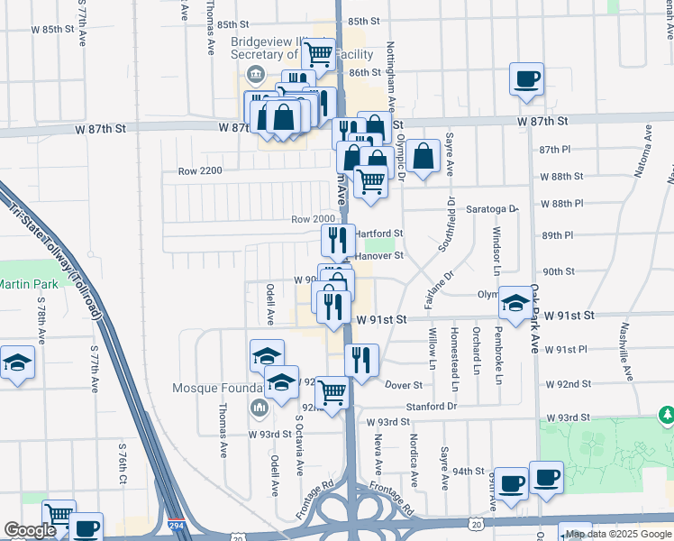 map of restaurants, bars, coffee shops, grocery stores, and more near 8944 South Harlem Avenue in Bridgeview