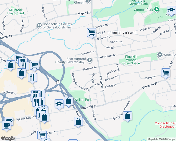 map of restaurants, bars, coffee shops, grocery stores, and more near 46 Madison Road in Glastonbury