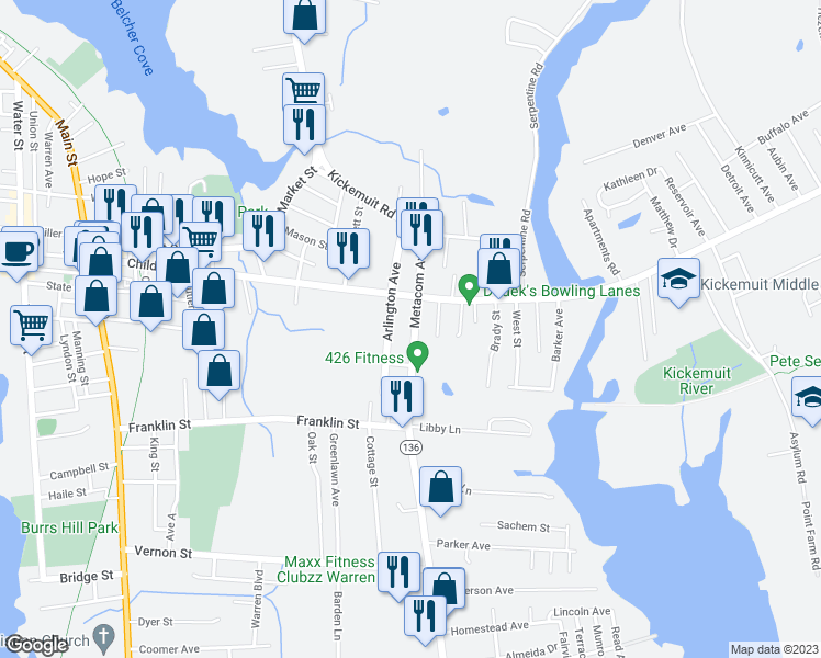 map of restaurants, bars, coffee shops, grocery stores, and more near 385 Metacom Avenue in Warren