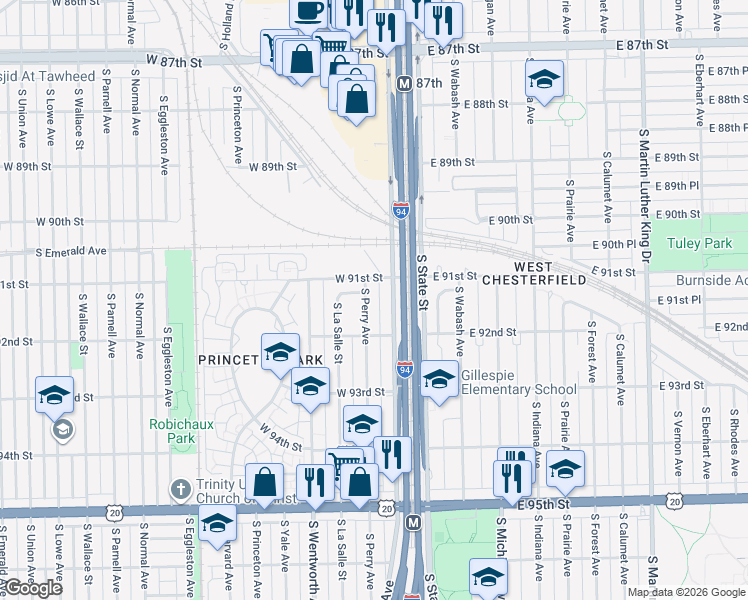 map of restaurants, bars, coffee shops, grocery stores, and more near 9118 South Lafayette Avenue in Chicago