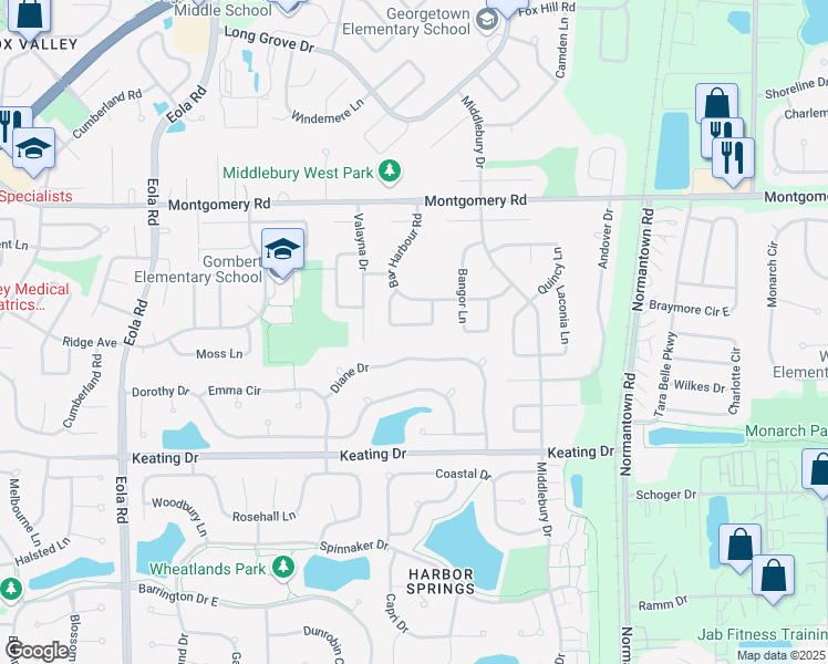 map of restaurants, bars, coffee shops, grocery stores, and more near 2865 Bridgeport Lane in Aurora
