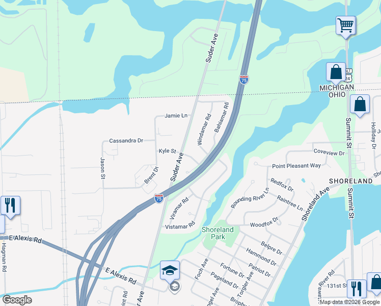 map of restaurants, bars, coffee shops, grocery stores, and more near 2215 Rosemar Road in Toledo