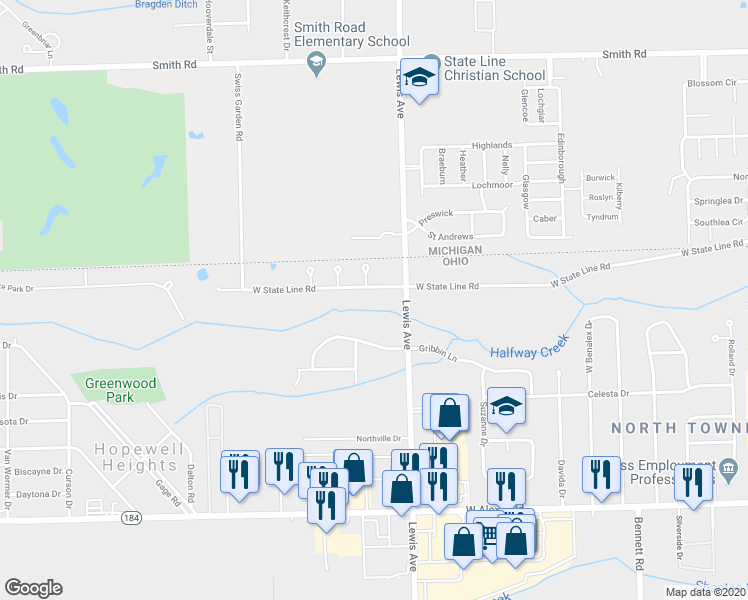 map of restaurants, bars, coffee shops, grocery stores, and more near 1031 West State Line Road in Toledo