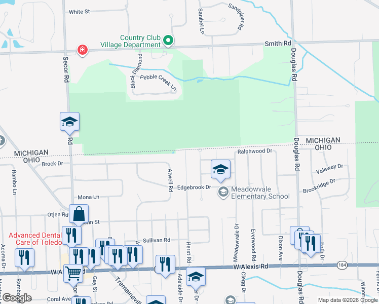 map of restaurants, bars, coffee shops, grocery stores, and more near 6182 Herst Road in Toledo