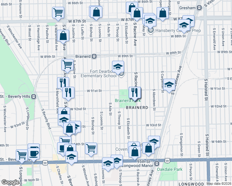 map of restaurants, bars, coffee shops, grocery stores, and more near 9100 South Throop Street in Chicago