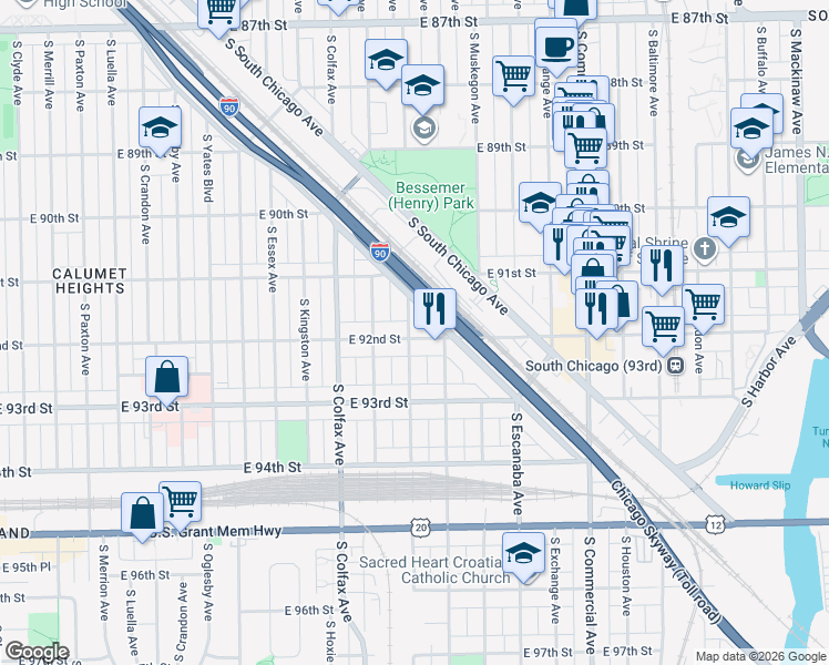 map of restaurants, bars, coffee shops, grocery stores, and more near 2728 East 92nd Street in Chicago
