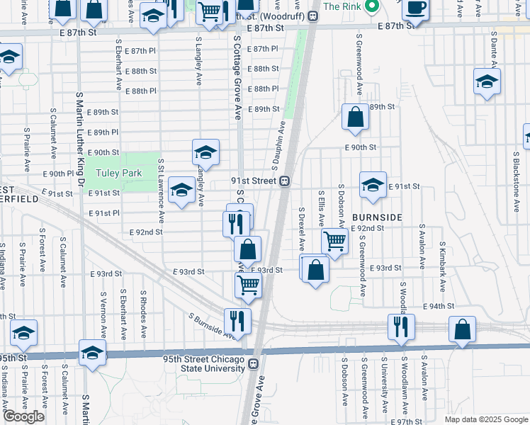 map of restaurants, bars, coffee shops, grocery stores, and more near 9132 South Dauphin Avenue in Chicago
