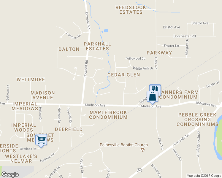 map of restaurants, bars, coffee shops, grocery stores, and more near 21 Big Rock Drive in Painesville