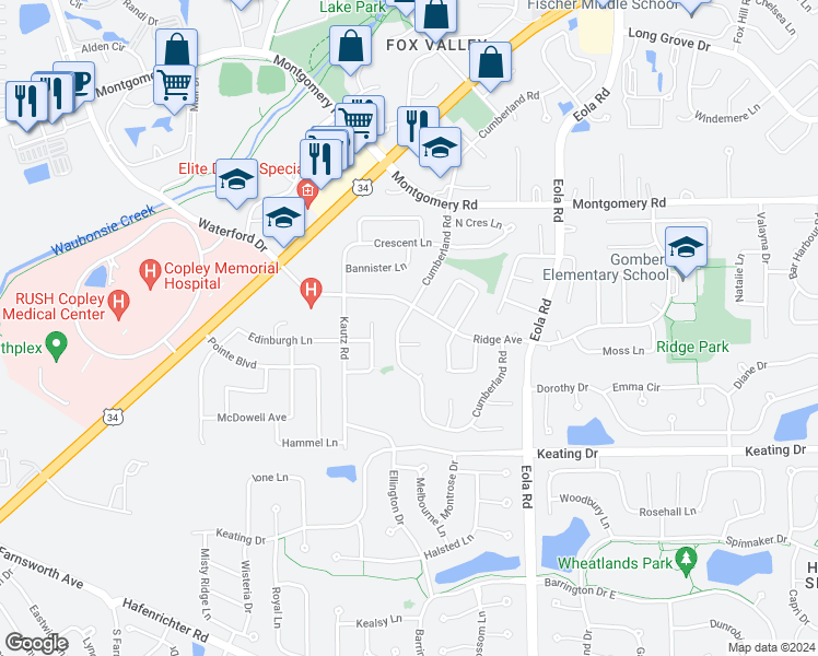 map of restaurants, bars, coffee shops, grocery stores, and more near 1648 Cumberland Road in Aurora