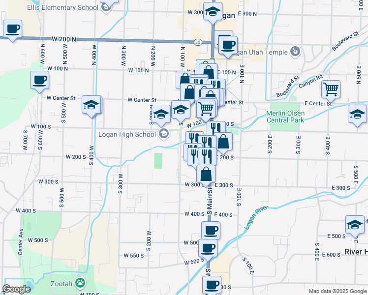 map of restaurants, bars, coffee shops, grocery stores, and more near 162 South 100 West in Logan