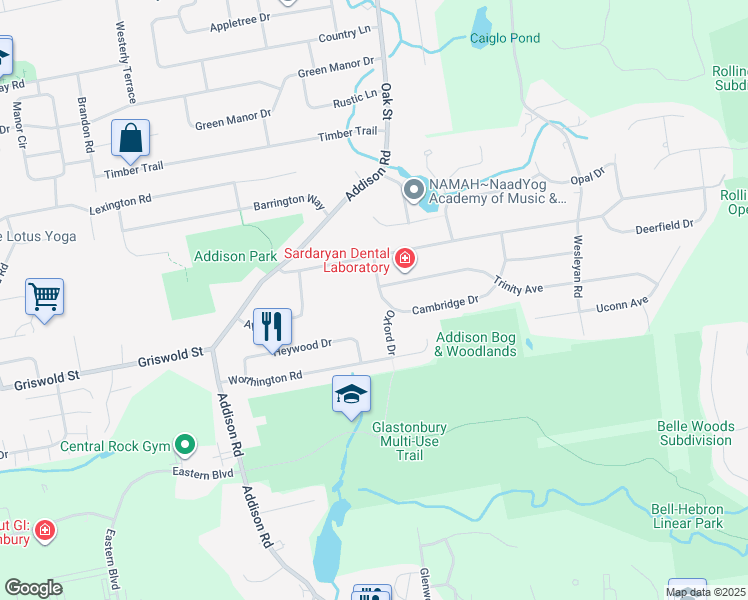 map of restaurants, bars, coffee shops, grocery stores, and more near 36 Cambridge Drive in Glastonbury