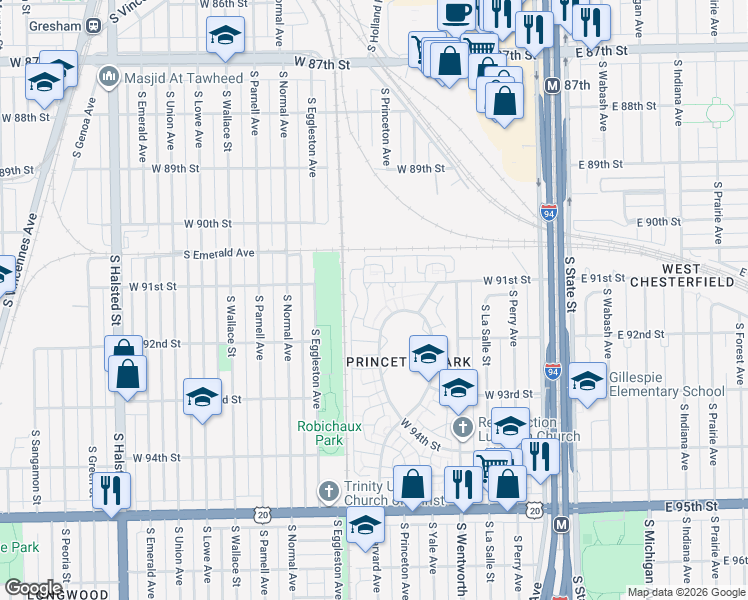 map of restaurants, bars, coffee shops, grocery stores, and more near 9117 South Stewart Avenue in Chicago