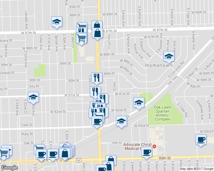 map of restaurants, bars, coffee shops, grocery stores, and more near 9029-9037 South Keating Avenue in Oak Lawn