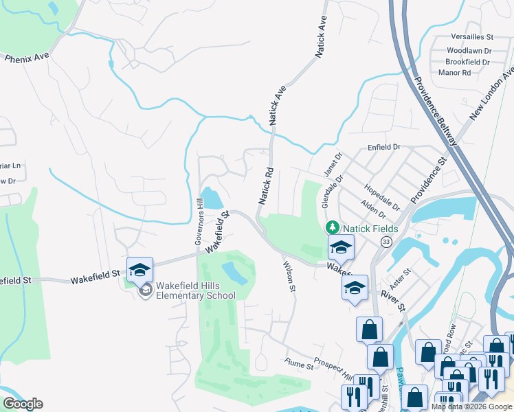 map of restaurants, bars, coffee shops, grocery stores, and more near 14 Natick Road in West Warwick