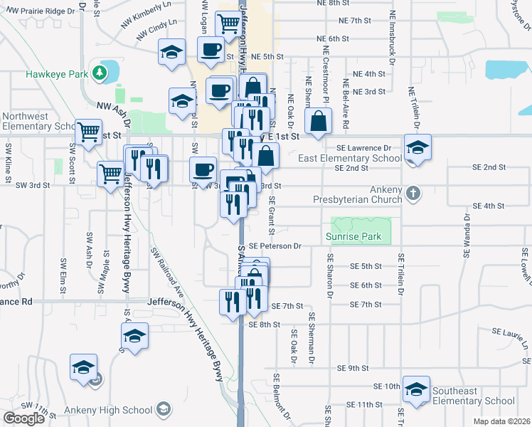map of restaurants, bars, coffee shops, grocery stores, and more near 326 Southeast Grant Street in Ankeny