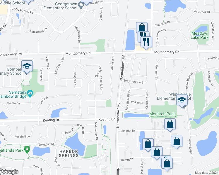 map of restaurants, bars, coffee shops, grocery stores, and more near 1471 Andover Drive in Aurora