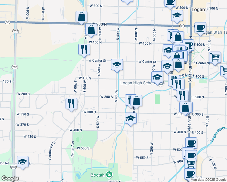 map of restaurants, bars, coffee shops, grocery stores, and more near 169 North 400 West in Logan