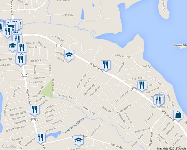 map of restaurants, bars, coffee shops, grocery stores, and more near 43 Aurora Dr in Warwick