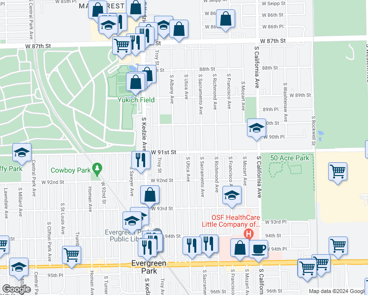 map of restaurants, bars, coffee shops, grocery stores, and more near 9048 South Utica Avenue in Evergreen Park