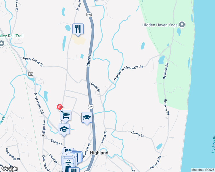 map of restaurants, bars, coffee shops, grocery stores, and more near 7 Triangle of Clearwater Road in Highland