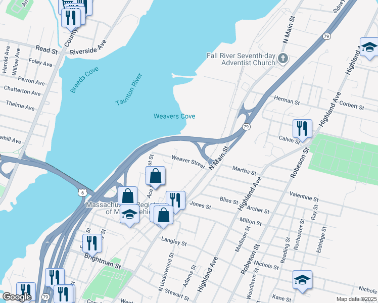 map of restaurants, bars, coffee shops, grocery stores, and more near 162 Weaver Street in Fall River