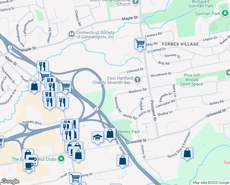 map of restaurants, bars, coffee shops, grocery stores, and more near 105 Madison Road in Glastonbury