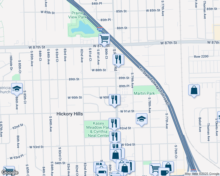 map of restaurants, bars, coffee shops, grocery stores, and more near 8935 80th Court in Hickory Hills
