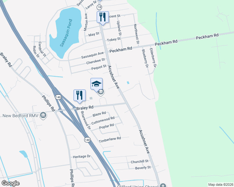 map of restaurants, bars, coffee shops, grocery stores, and more near 4085 Acushnet Avenue in New Bedford