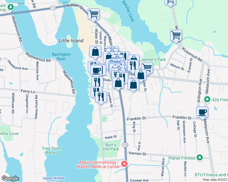 map of restaurants, bars, coffee shops, grocery stores, and more near 18 Washington Street in Warren