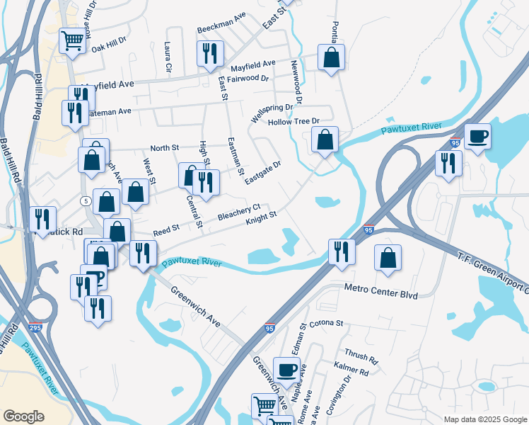 map of restaurants, bars, coffee shops, grocery stores, and more near 26 Bleachery Court in Warwick