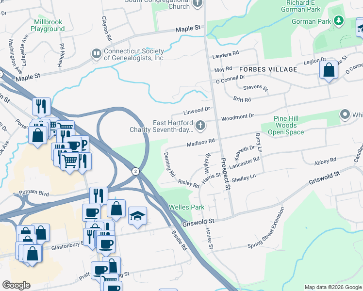 map of restaurants, bars, coffee shops, grocery stores, and more near 83 Madison Road in Glastonbury