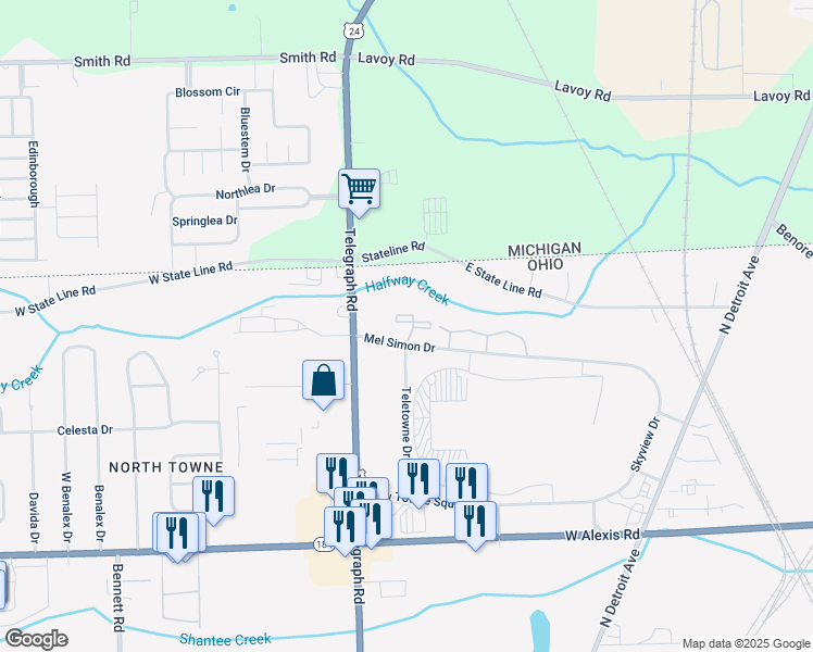 map of restaurants, bars, coffee shops, grocery stores, and more near 117 Mel Simon Drive in Toledo