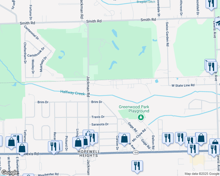 map of restaurants, bars, coffee shops, grocery stores, and more near 1561 Brooke Park Drive in Toledo