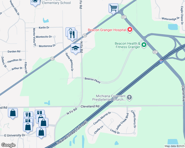 map of restaurants, bars, coffee shops, grocery stores, and more near 52700 Fir Road in Granger