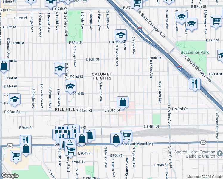 map of restaurants, bars, coffee shops, grocery stores, and more near 9146 South Crandon Avenue in Chicago