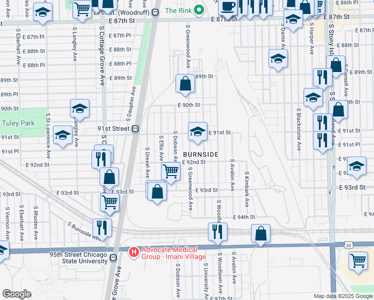 map of restaurants, bars, coffee shops, grocery stores, and more near 9130 South University Avenue in Chicago