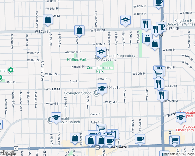 map of restaurants, bars, coffee shops, grocery stores, and more near 5192 Otto Place in Oak Lawn