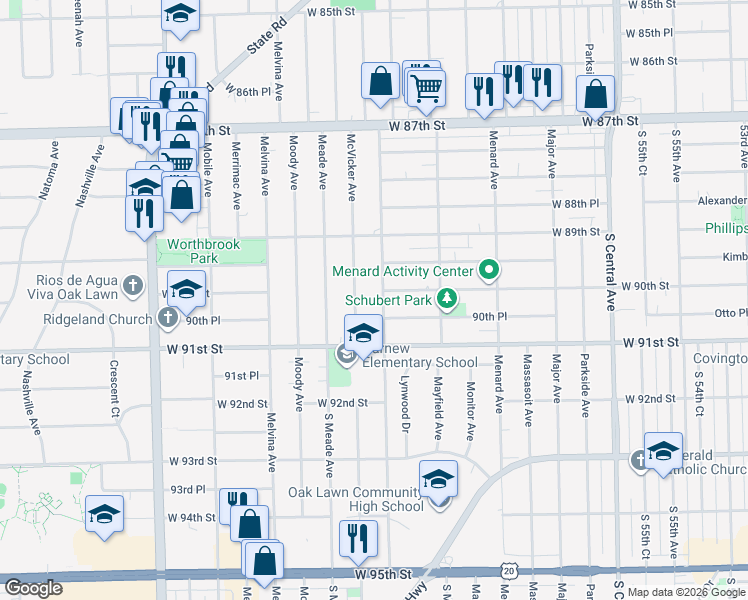 map of restaurants, bars, coffee shops, grocery stores, and more near 9006 Austin Avenue in Oak Lawn