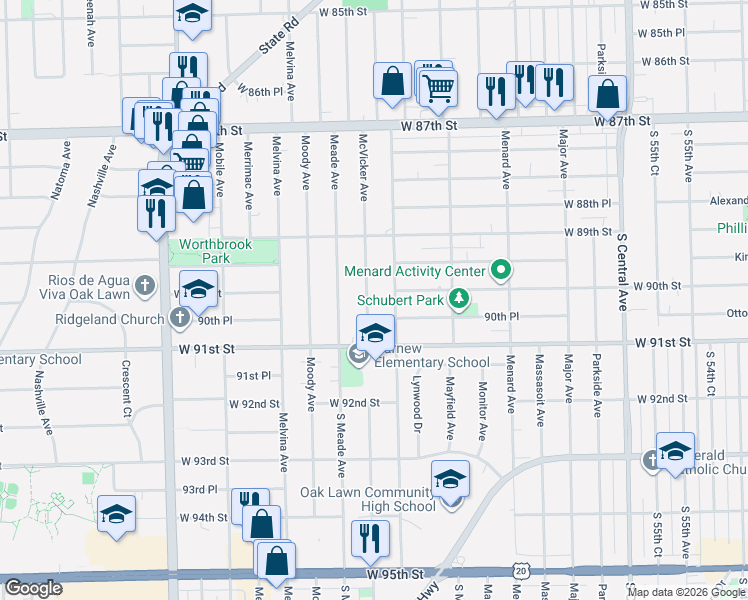 map of restaurants, bars, coffee shops, grocery stores, and more near 9006 Austin Avenue in Oak Lawn