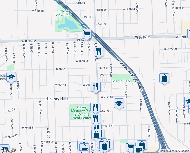 map of restaurants, bars, coffee shops, grocery stores, and more near 8935 80th Court in Hickory Hills