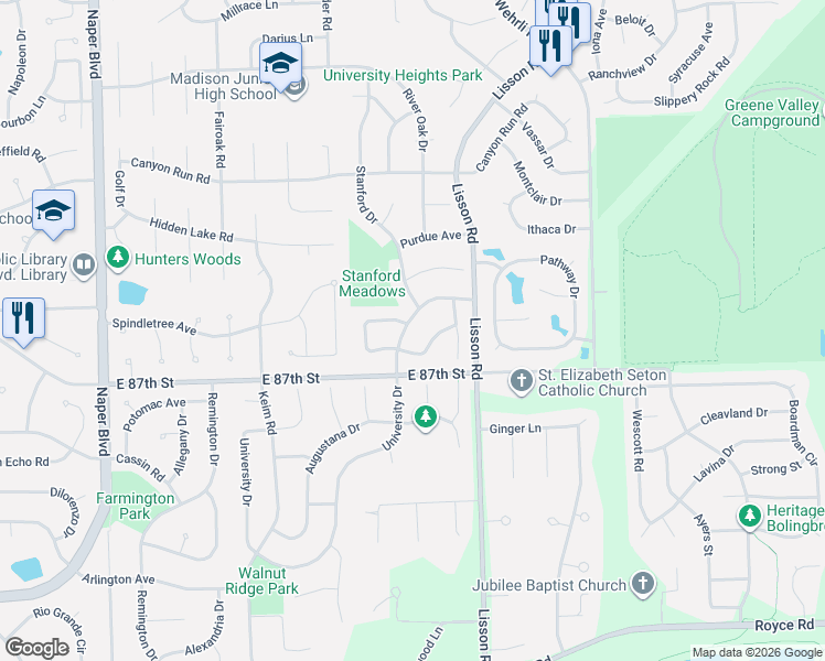 map of restaurants, bars, coffee shops, grocery stores, and more near 2043 University Drive in Naperville